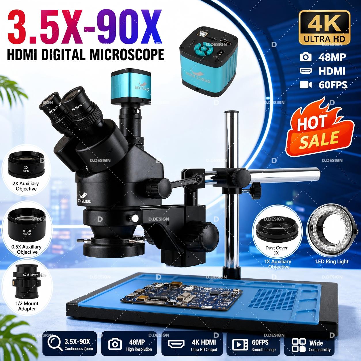 Simul-Focal Industrial Microscope 4K Hdmi - Microscope stéréoscopique trinoculaire industriel 3,5X-100X à