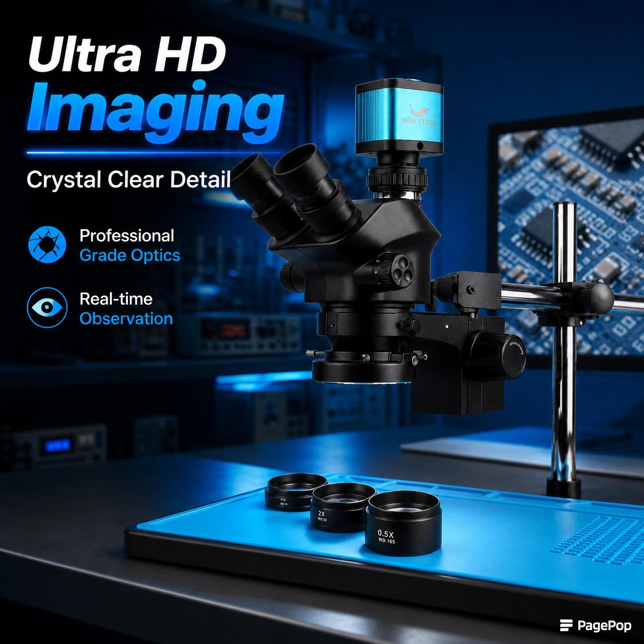 Simul-Focal Industrial Microscope 4K Hdmi - Microscope stéréoscopique trinoculaire industriel de laboratoire